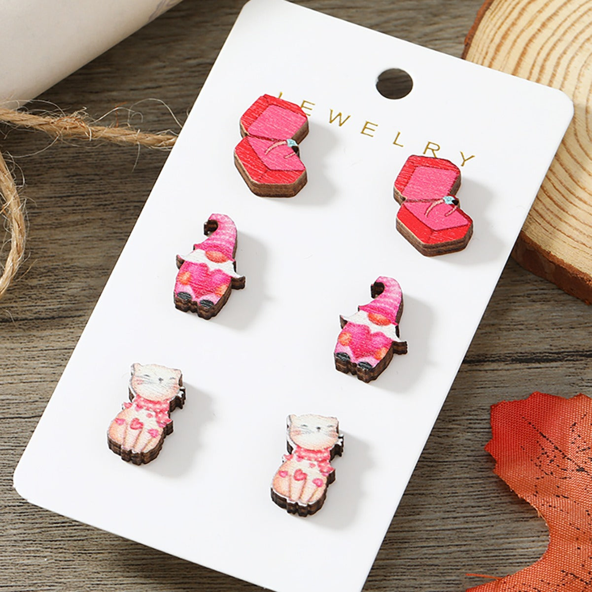 Wholesale Valentine's Day Pink Printed Wooden Earrings