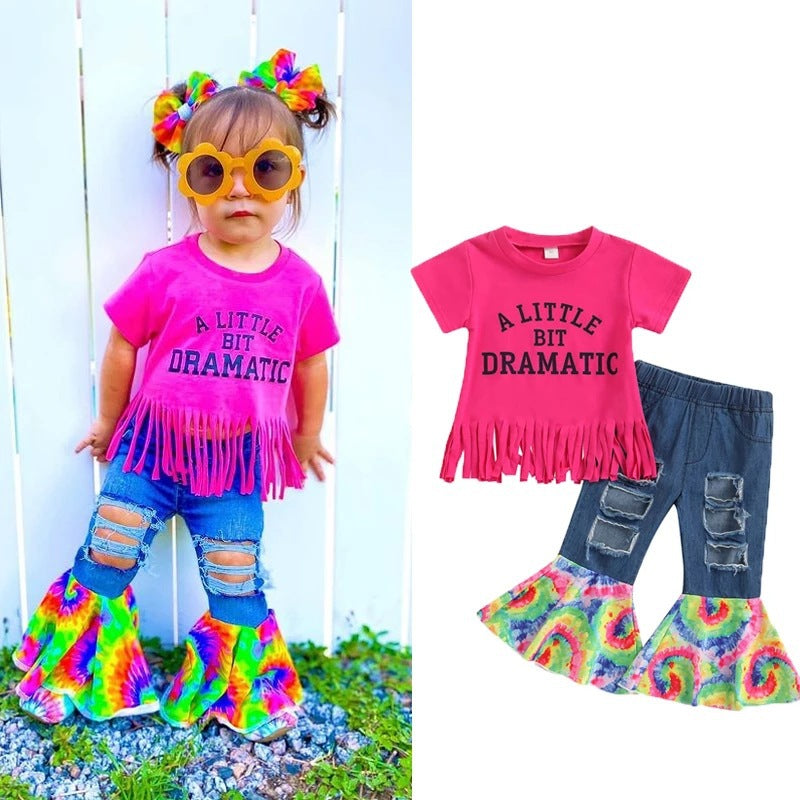 Wholesale Cotton Fringed Short-sleeved T-shirt, Ripped Patchwork Tie-dye Denim Flared Pants Two-piece Set