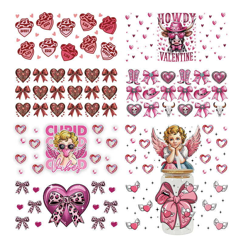 Wholesale Bow Cow Cartoon Valentine's Day 16oz Cup UV DTF Wraps