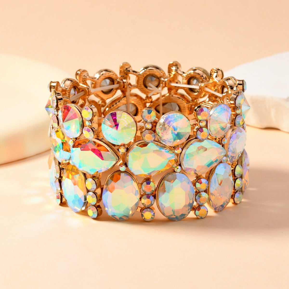 Wholesale European Fashion Gold AB Crystal Elastic Wide Bangle Bracelet Women S Party Jewelry Accessory