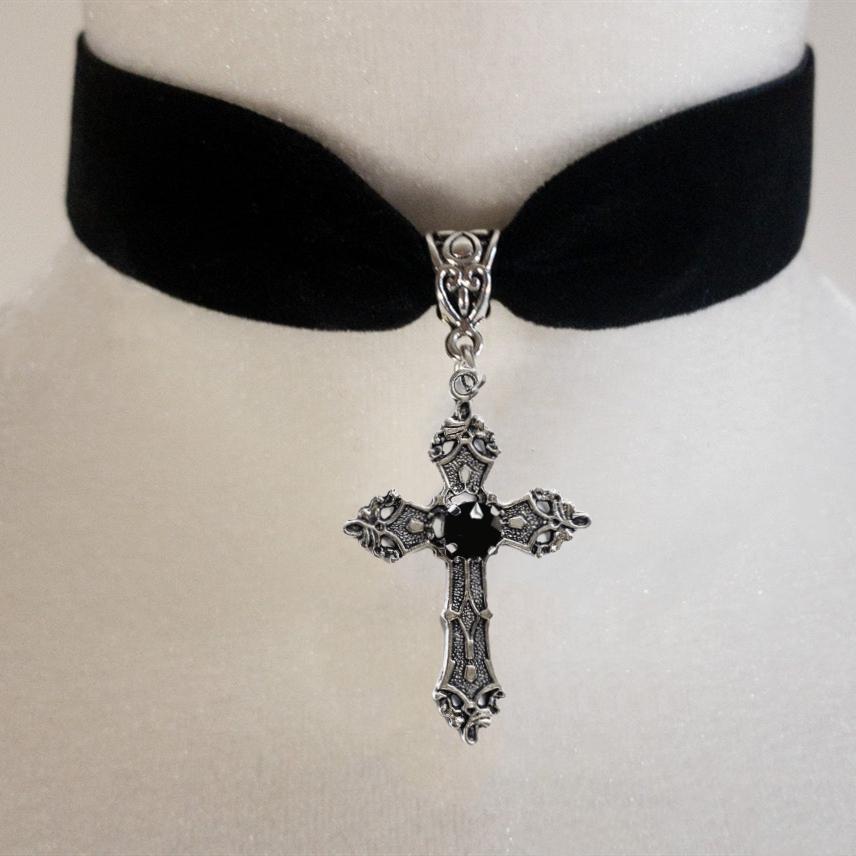 Wholesale Dark Gothic Cross Velvet Punk Necklace