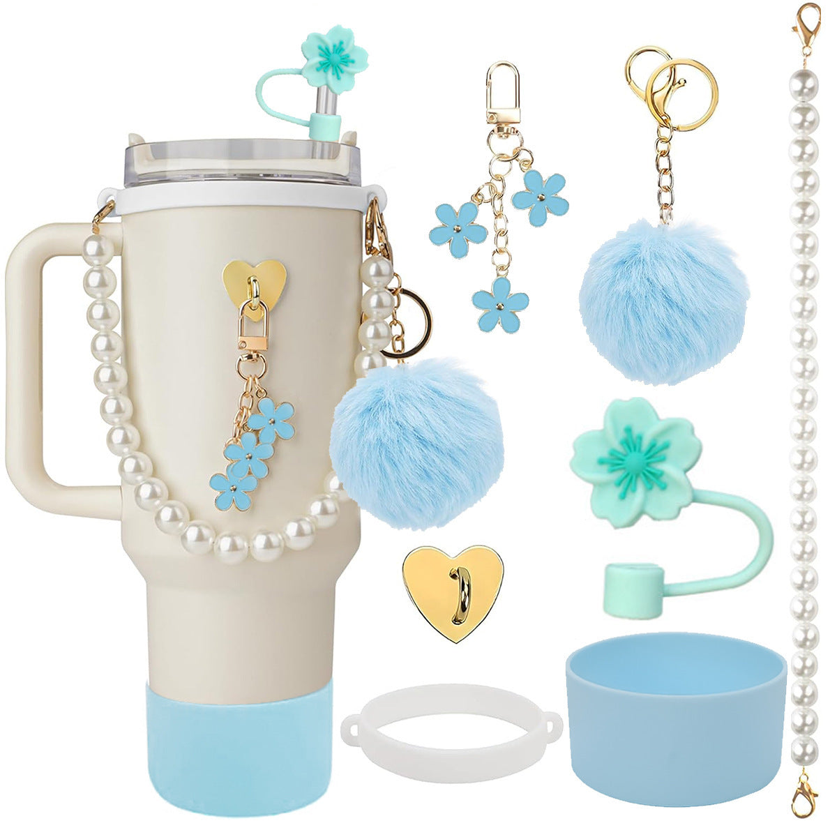 Wholesale Flower straw cap silicone insulated water cup holder pearl hand rope wool ball pendant set