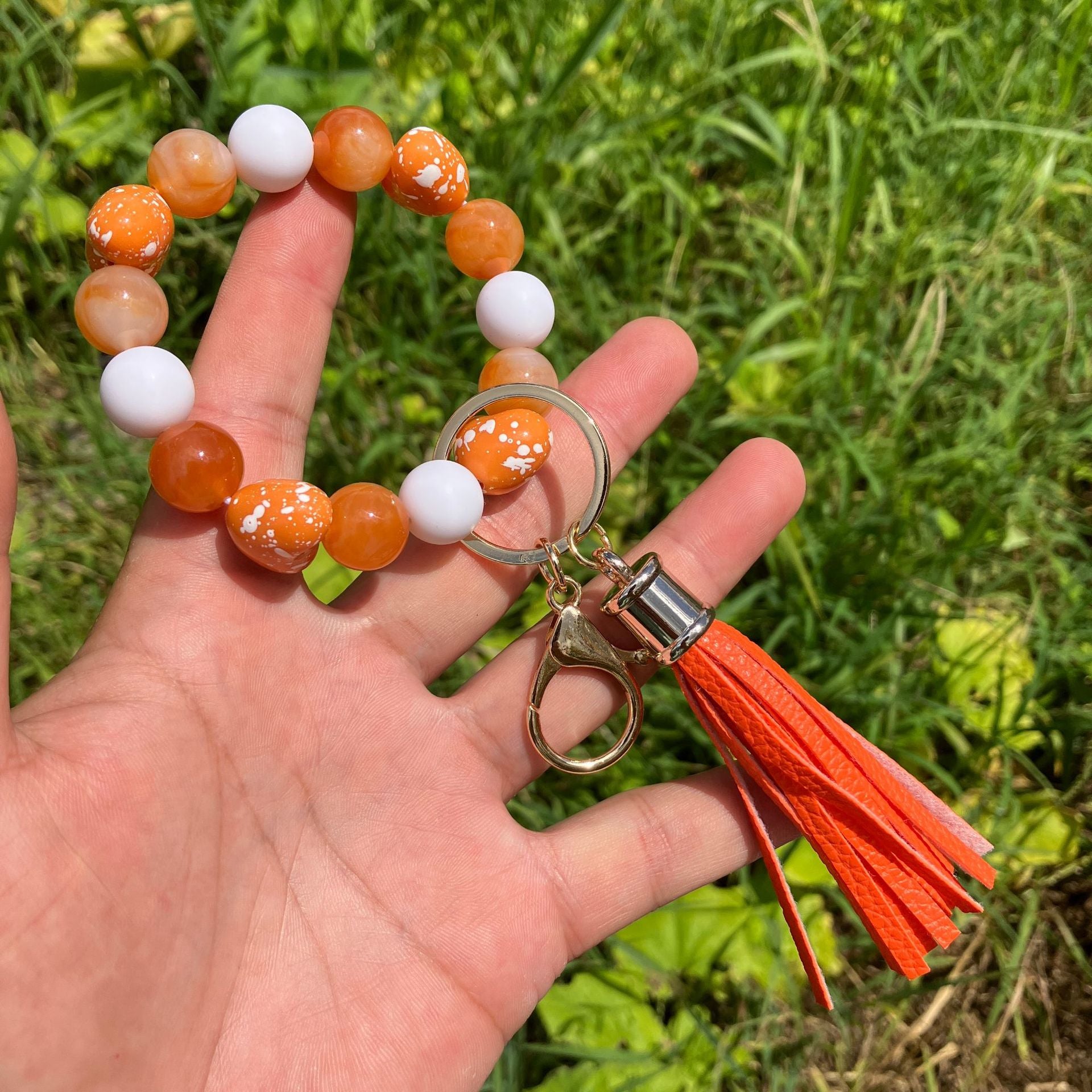 Wholesale Colorful Beaded Heart Printed Tassel Bracelet Keychain