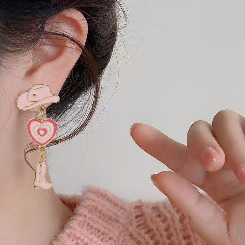 Wholesale Silver Needle Western Cowboy Style Hat Heart Cowboy Boots Oil Drop Earrings