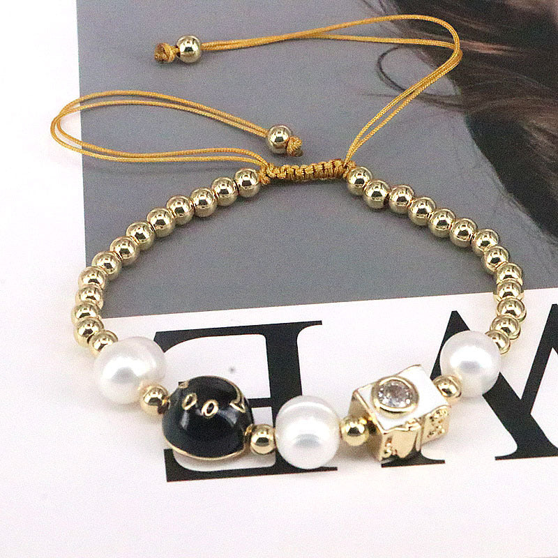 Wholesale Colorful Drops Oil Smile Zircon Freshwater Pearl Round Bead Braided Copper Bracelet