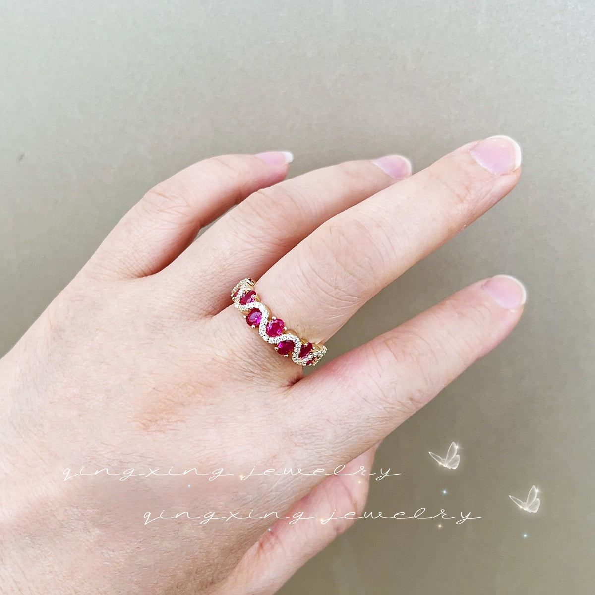 Wholesale Colorful Ring with Red Ruby and Zircon Adjustable Open Ring