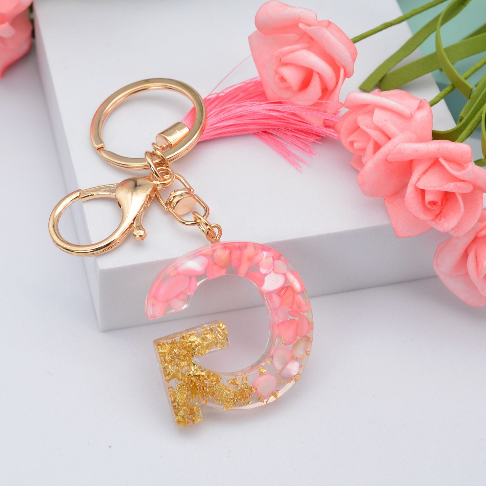 Wholesale Pink Tassel 26 Letter Crystal Resin Keychain