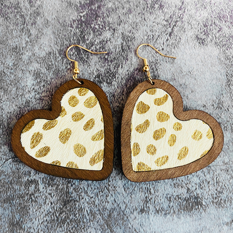 Wholesale Valentine's Day Genuine Leather Heart Leopard Print Horsehair Inlaid with Wooden Classic Retro Earrings