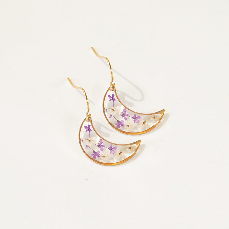 Wholesale 6pcs Natural Dried Flower Moon Shape Drop Glue Earrings