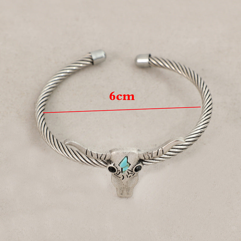 Wholesale Western style cow head inlaid with turquoise opening bracelet