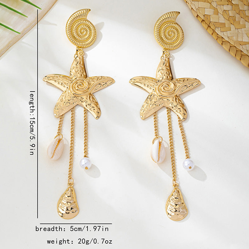 Wholesale Fashion Alloy Starfish Conch Earrings Bohemian Imitation Pearl Long Tassel Jewelry Accessory