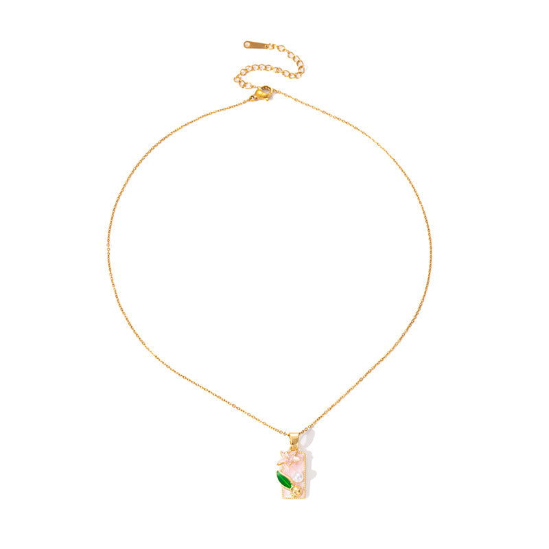 Wholesale Medieval Oil Painting Style Square Lily Necklace for Women French Retro Drip Glaze Design Clavicle Chain Exquisite High-End Necklace