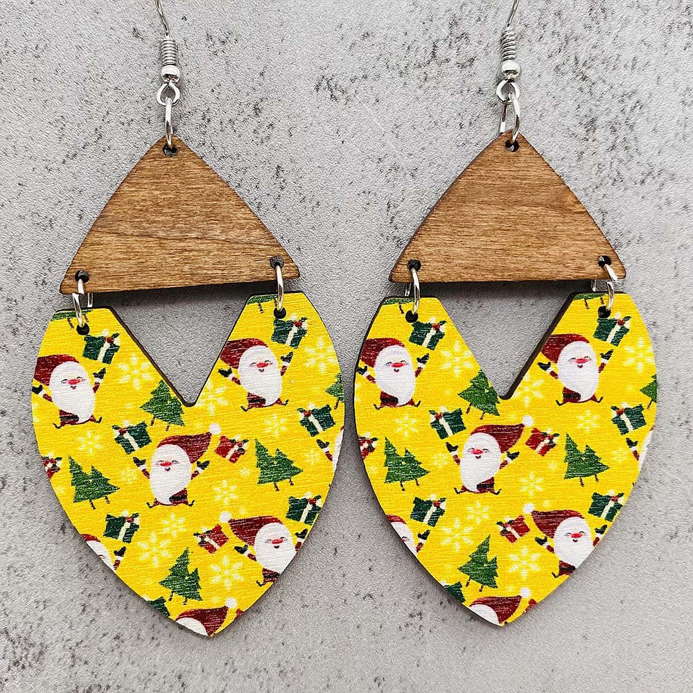 Wholesale Christmas Gnome Dwarf Elk Patchwork Wooden Earrings