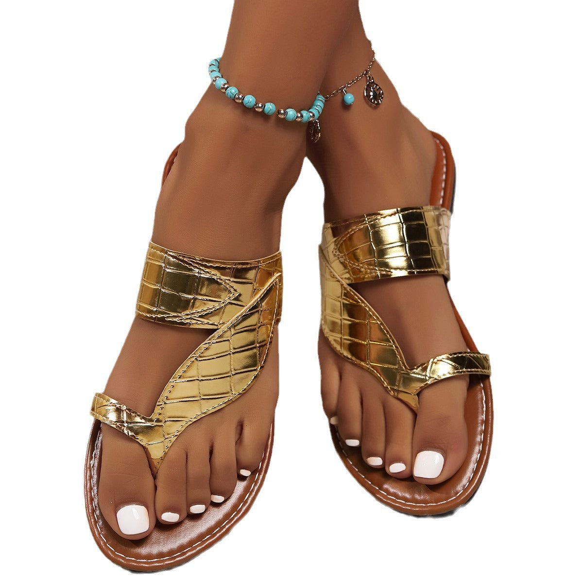 Wholesale Large Size Summer Casual Slip-on Herringbone Crocodile Leather PU Women's Flats Slippers