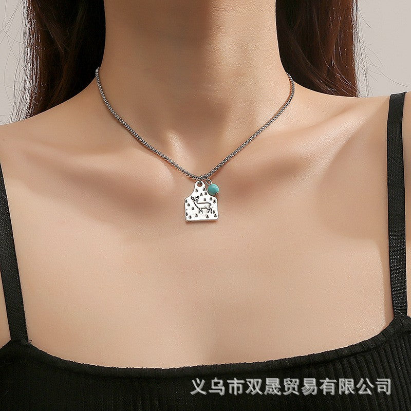 Wholesale Fashion Retro Geometric Letter Pattern Square Turquoise Necklace