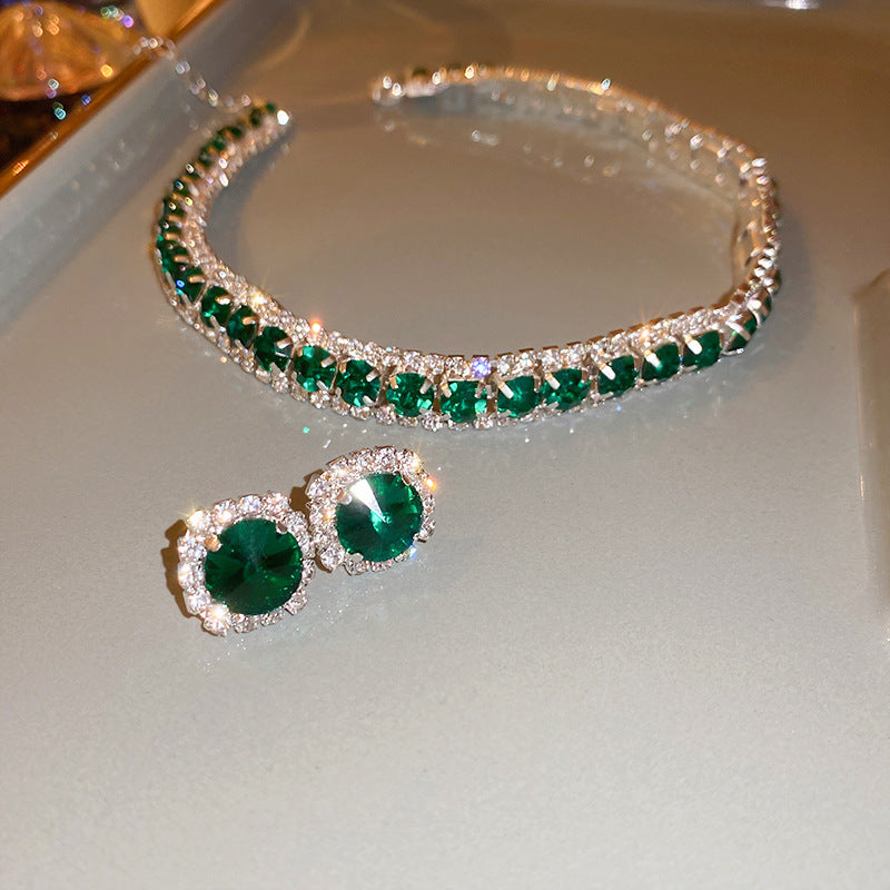 Wholesale Diamond Emerald Square Earrings and Necklace Set