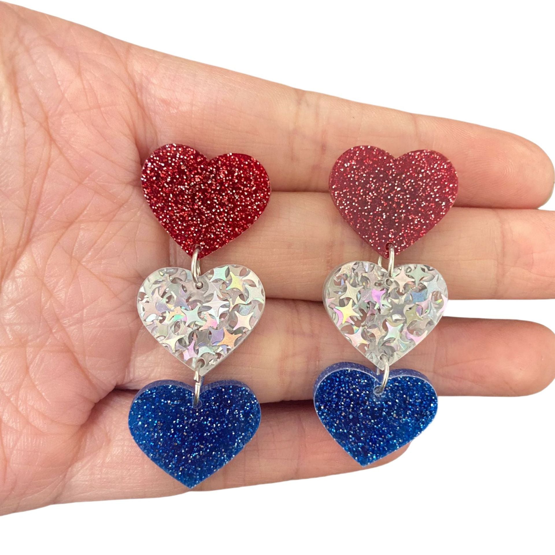 Wholesale American Independence Day red, white and blue striped heart and star earrings