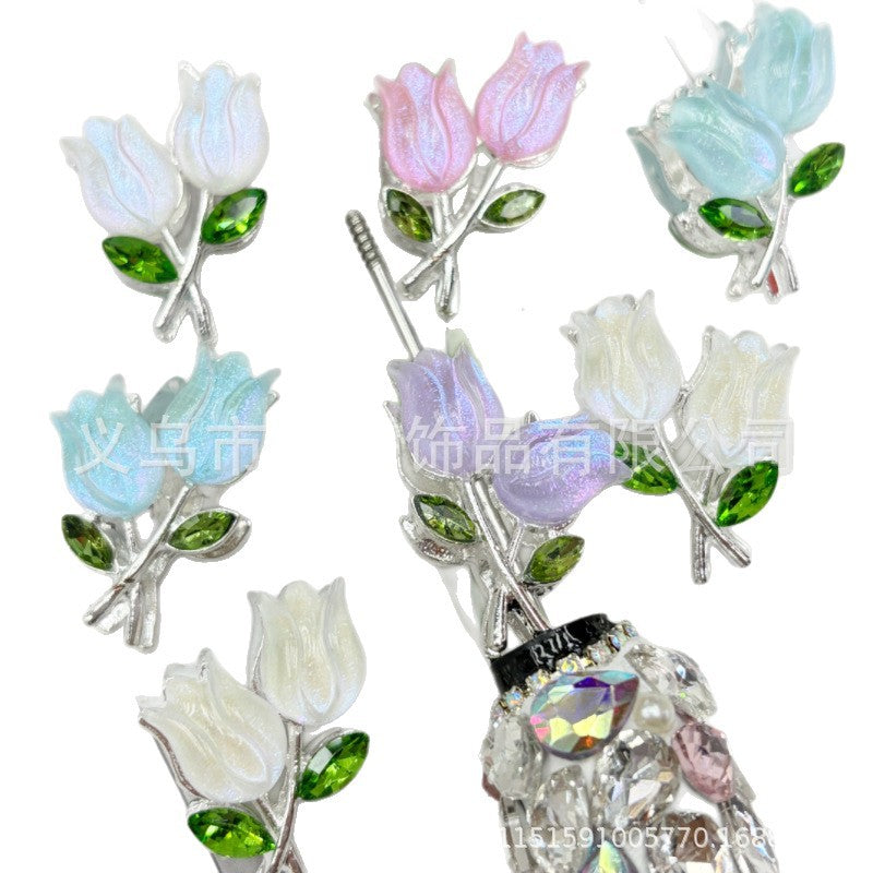 Wholesale 20pcs double-sided tulip flower color plated diamond four hole beads