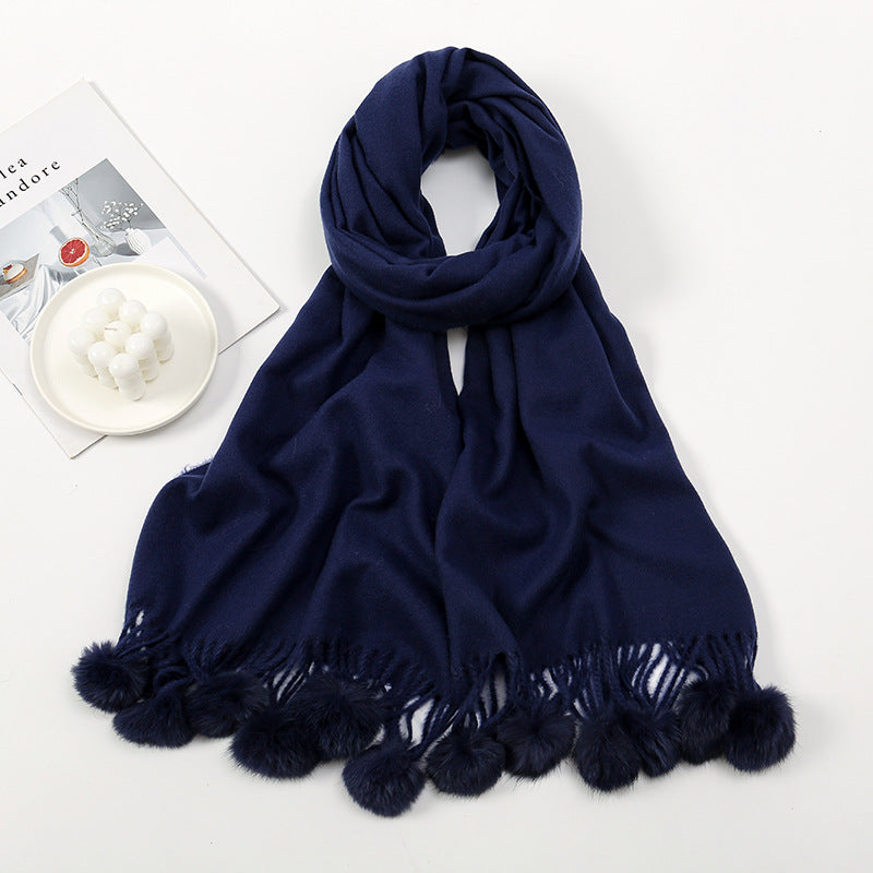 Wholesale Autumn and Winter Imitation Cashmere Scarves, Solid Color Tassel Wool Ball and Plush Necklaces