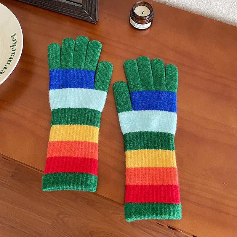 Wholesale Rainbow Stripe Knitted Wool Open Finger Touchable Screen Riding Warm Split Finger Gloves