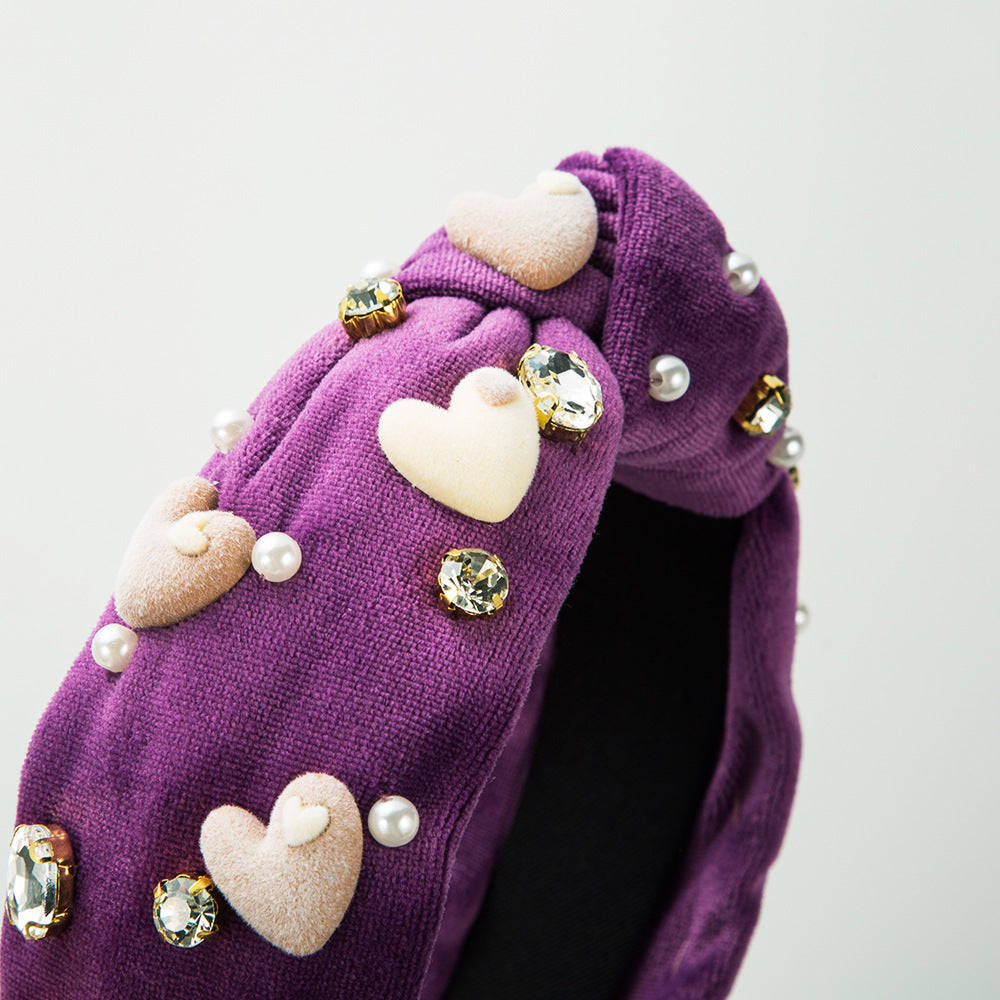 Wholesale Valentine's Day Hand-sewn Glass Diamond Love Velvet Headband