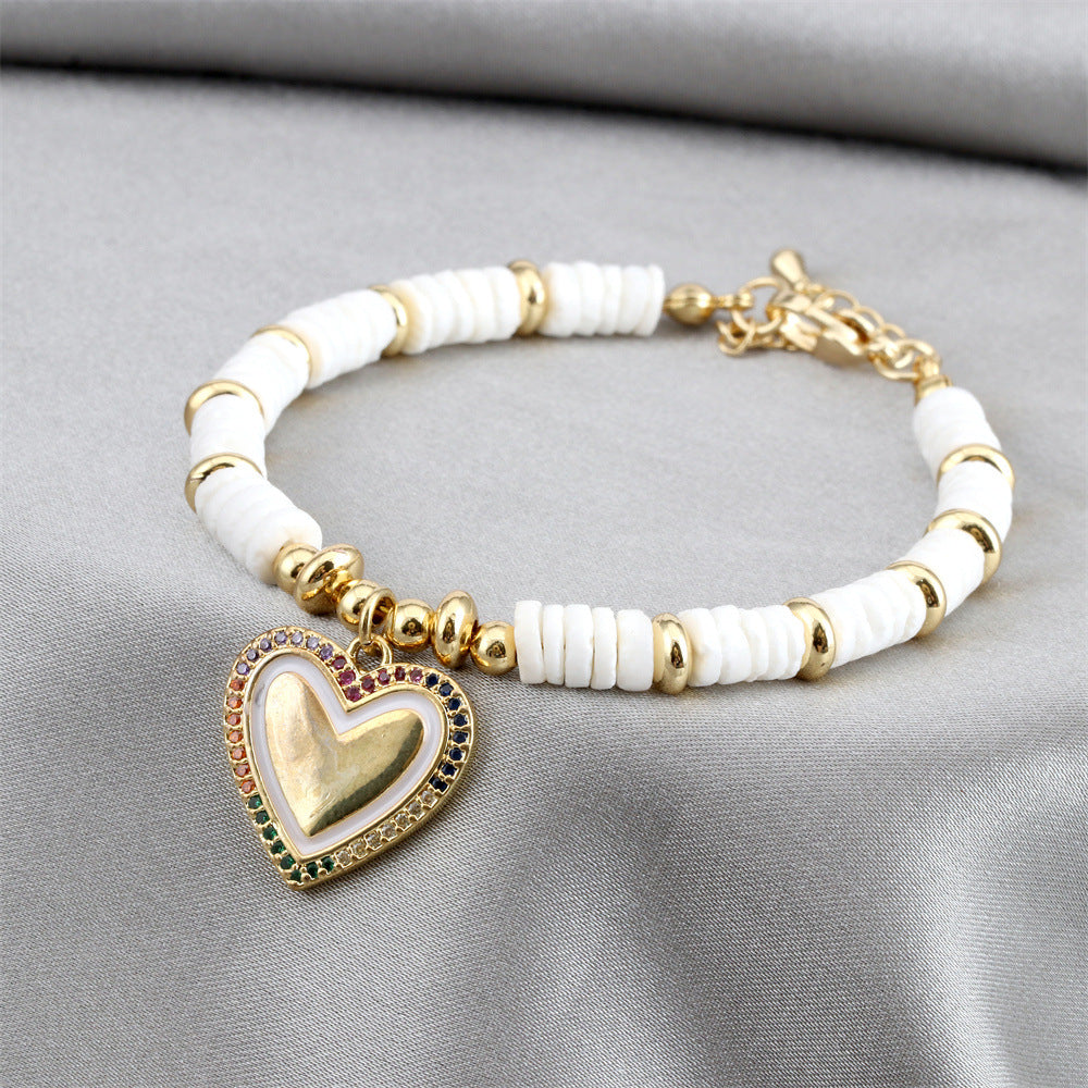 Wholesale Zircon Copper Love Heart Pendant Shell Disc Beads Bracelet