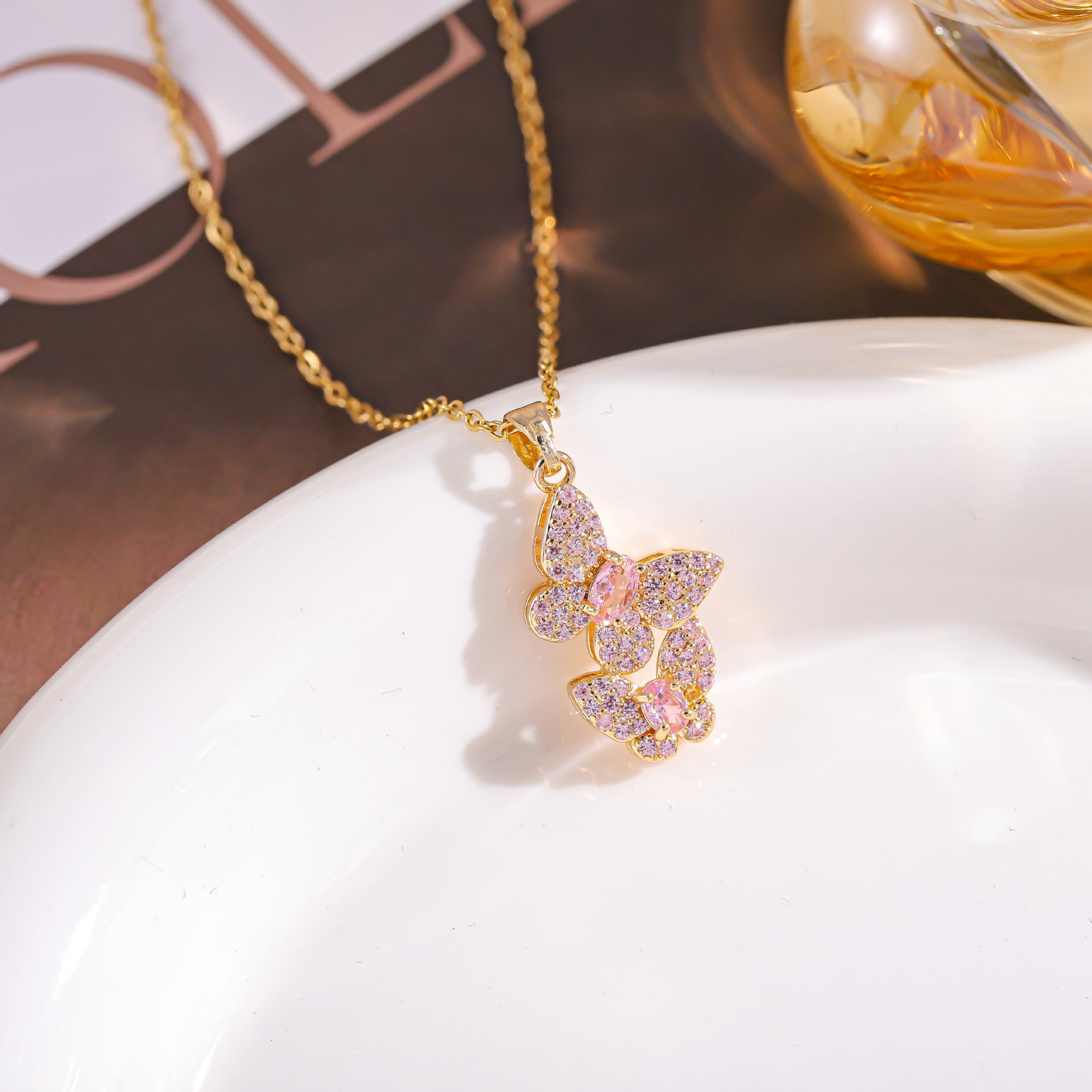 Wholesale fashion jewelry pendant colorful full diamond double butterfly necklace
