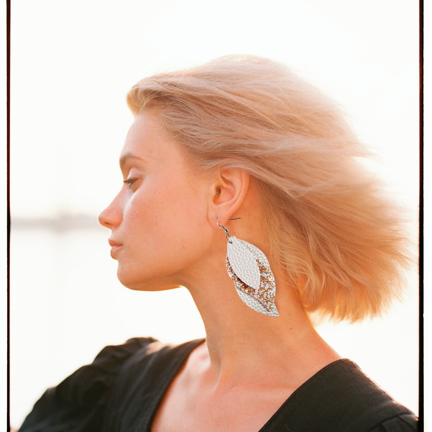 Wholesale Lychee Patterned Sequin Leaf Wave Shaped Three-layer Leather Earrings