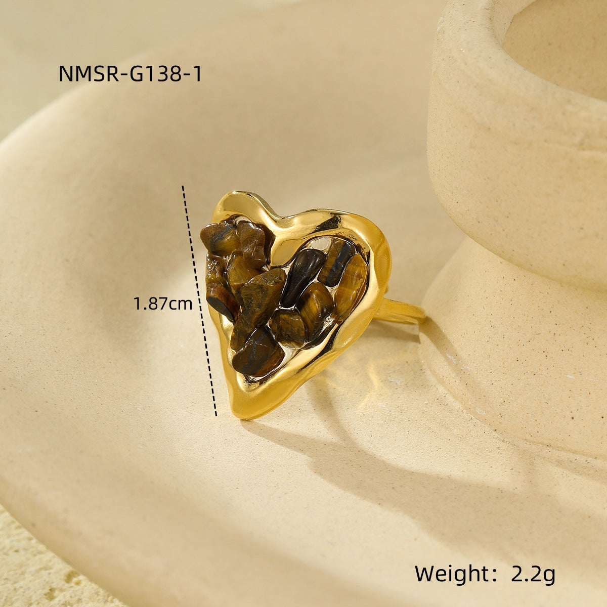 Wholesale Stainless steel plated heart ring with natural stone