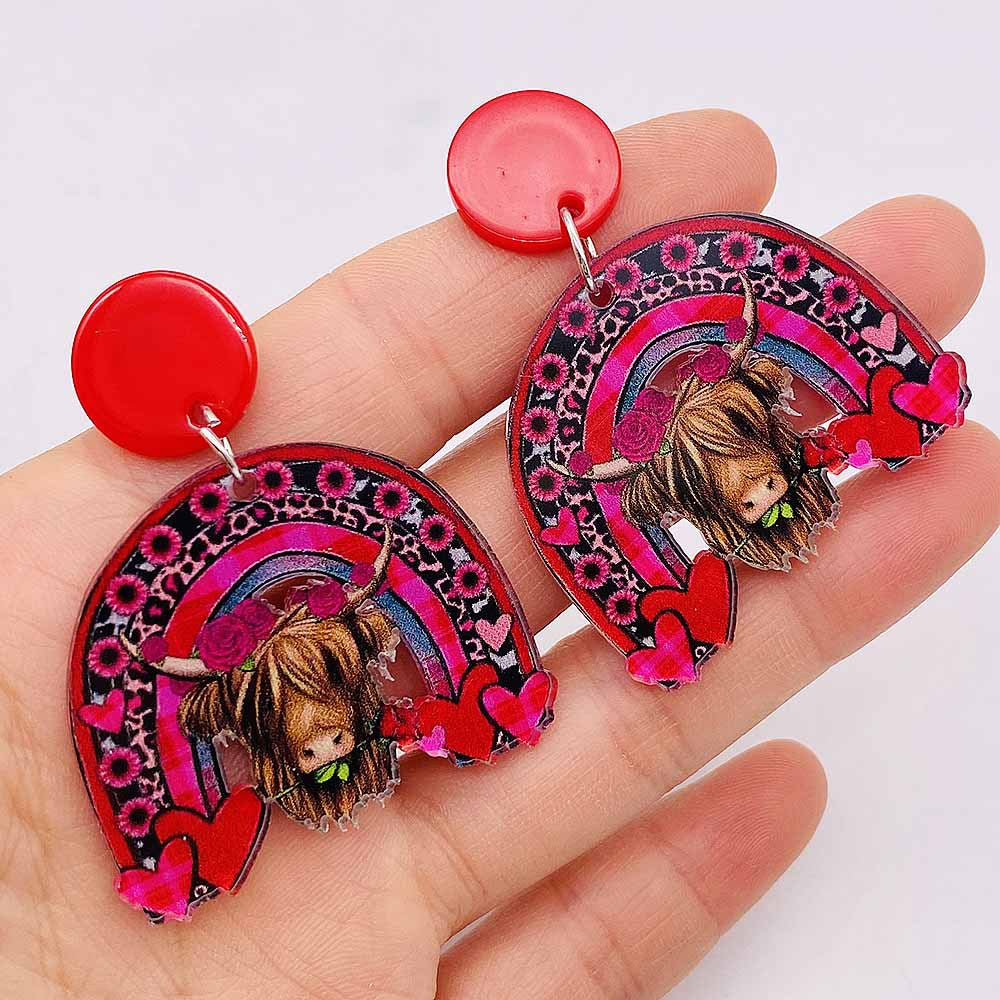 Wholesale Valentine's Day West Highland Cow Rainbow Acrylic Pink Envelope Love Balloon Earrings