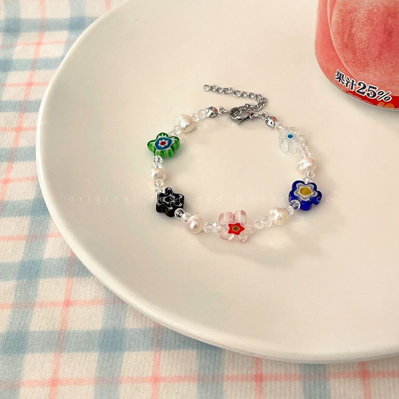 Wholesale Color Glass Flower Freshwater Pearl Bracelet