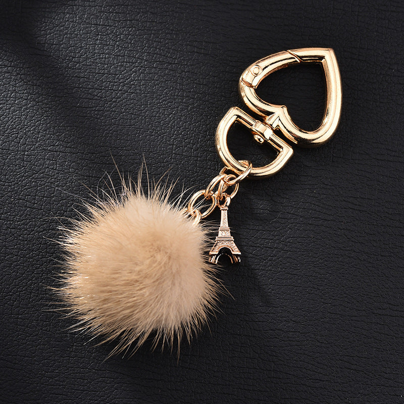 Wholesale mink fur love keychain elegant fur small pendant fur ball alloy love keychain