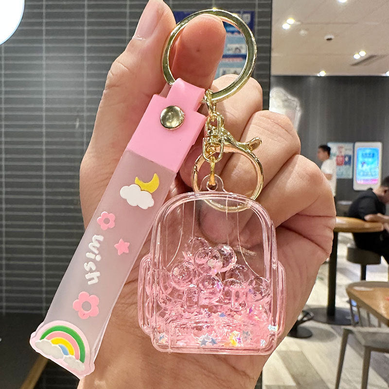 Wholesale Oil-filled Drift Bottle Schoolbag Acrylic Keychain