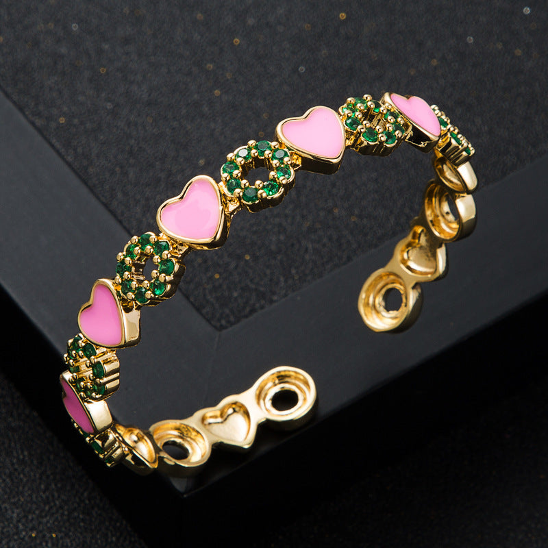 Wholesale  copper inlaid zircon enamel drop oil love heart bracelet Tennis bracelet Open bracelet