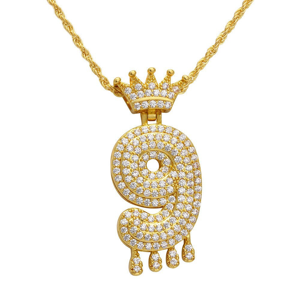 Wholesale Lucky Number Zircon Full Diamond Crown Pendant Necklace