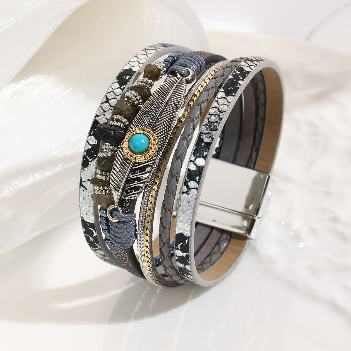 Wholesale Vintage Feather Green Pine Stone Feather Bracelet  Layered Bracelet Set