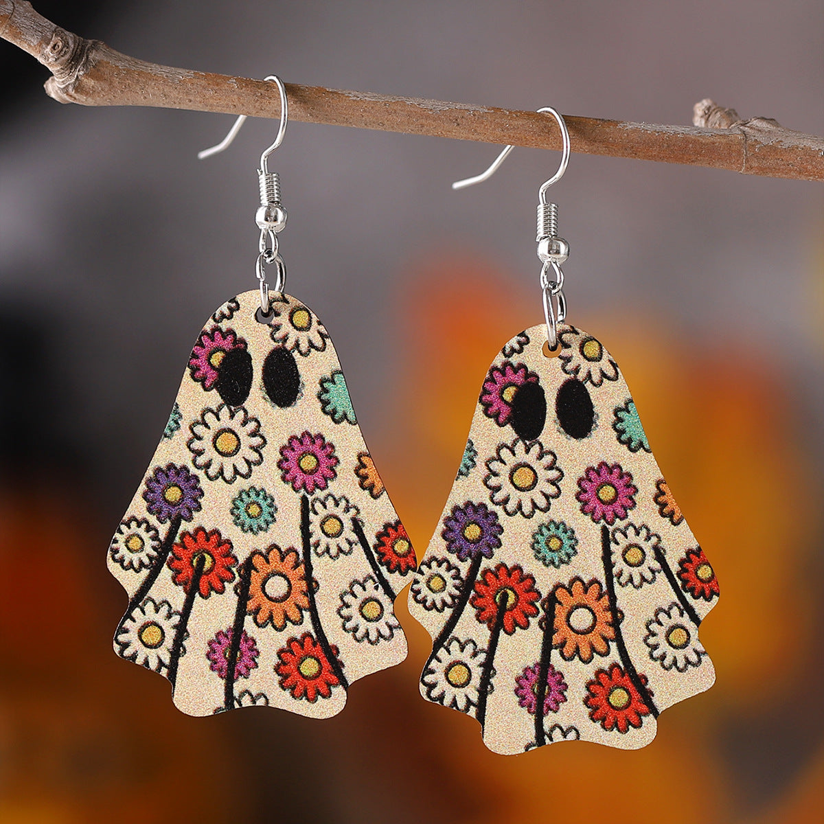 Wholesale Halloween Gothic Style Cute Ghost Flower Book Pocket Ghost Pendant Wooden Double-sided Earrings