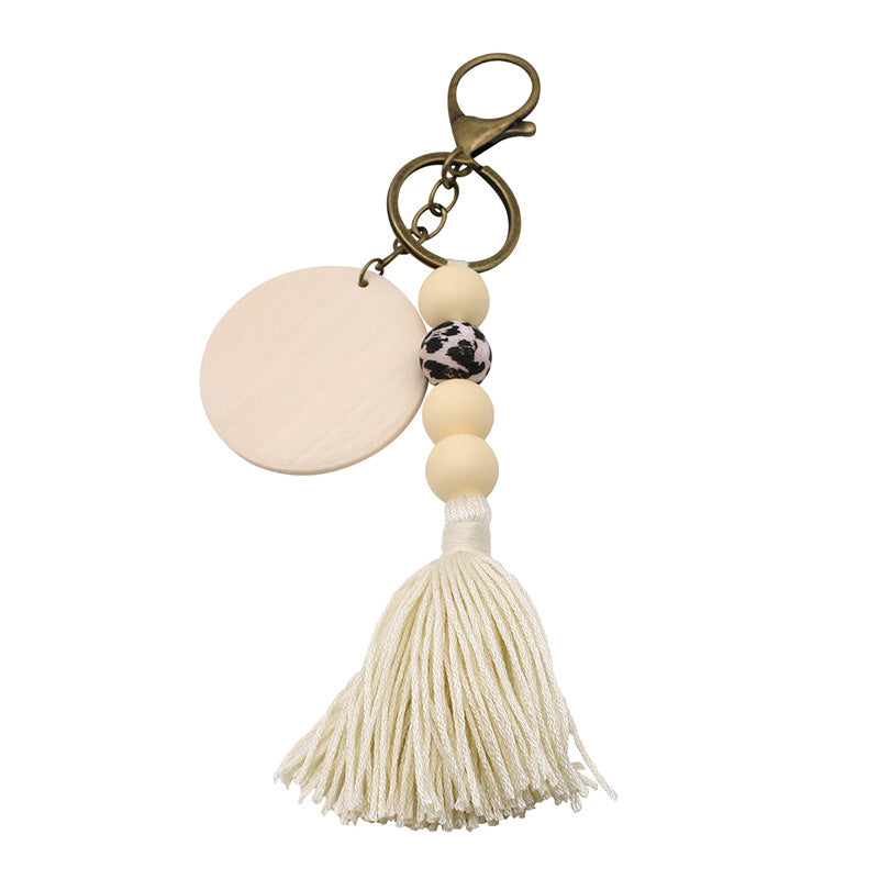 Wholesale Round Wood Chips Strung Tassel Keychain