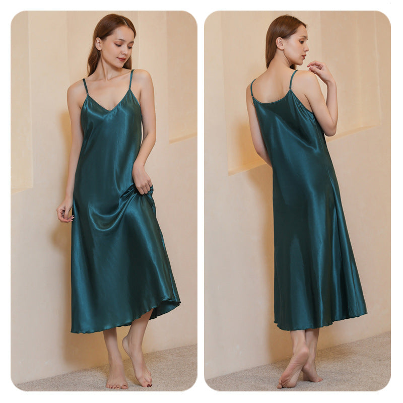 Wholesale Mid-length Slim Sexy Large V-neck Suspender Silk Nightgown