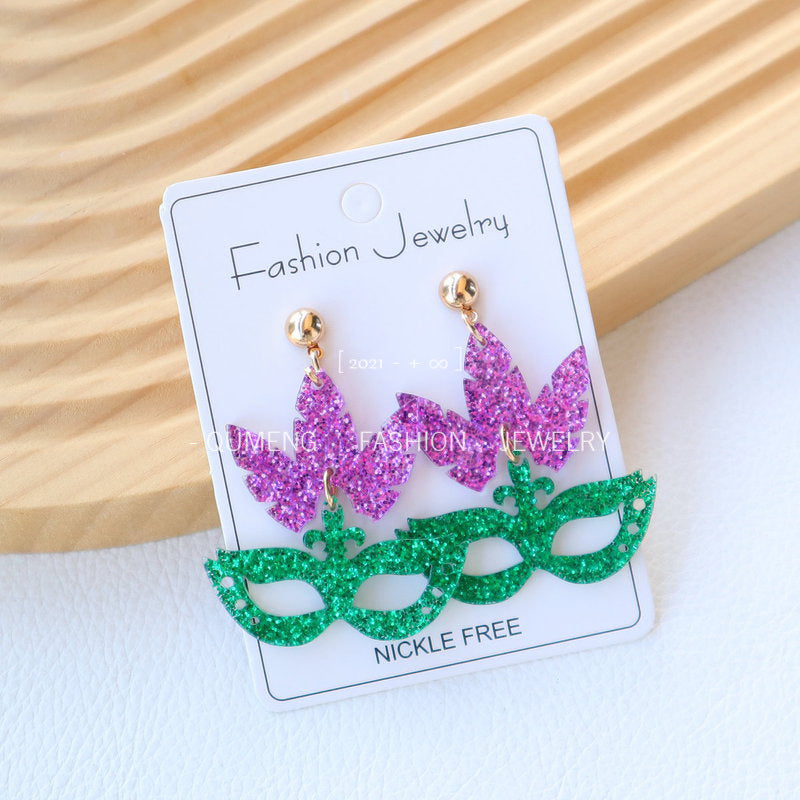 Wholesale Carnival acrylic gold green purple mask party holiday earrings
