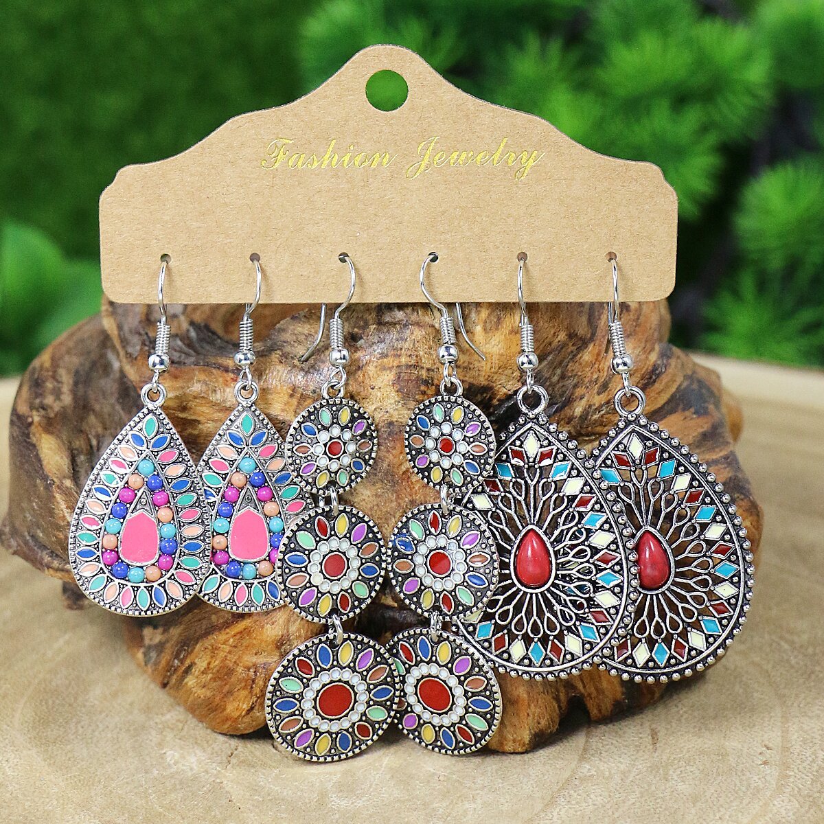 Wholesale Vintage Water Drop Oil Rice Beads Feather Set Earrings