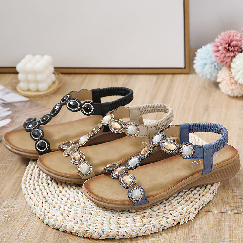 Wholesale Women's Rhinestone Round Toe Flat Bottomed PU Sandals