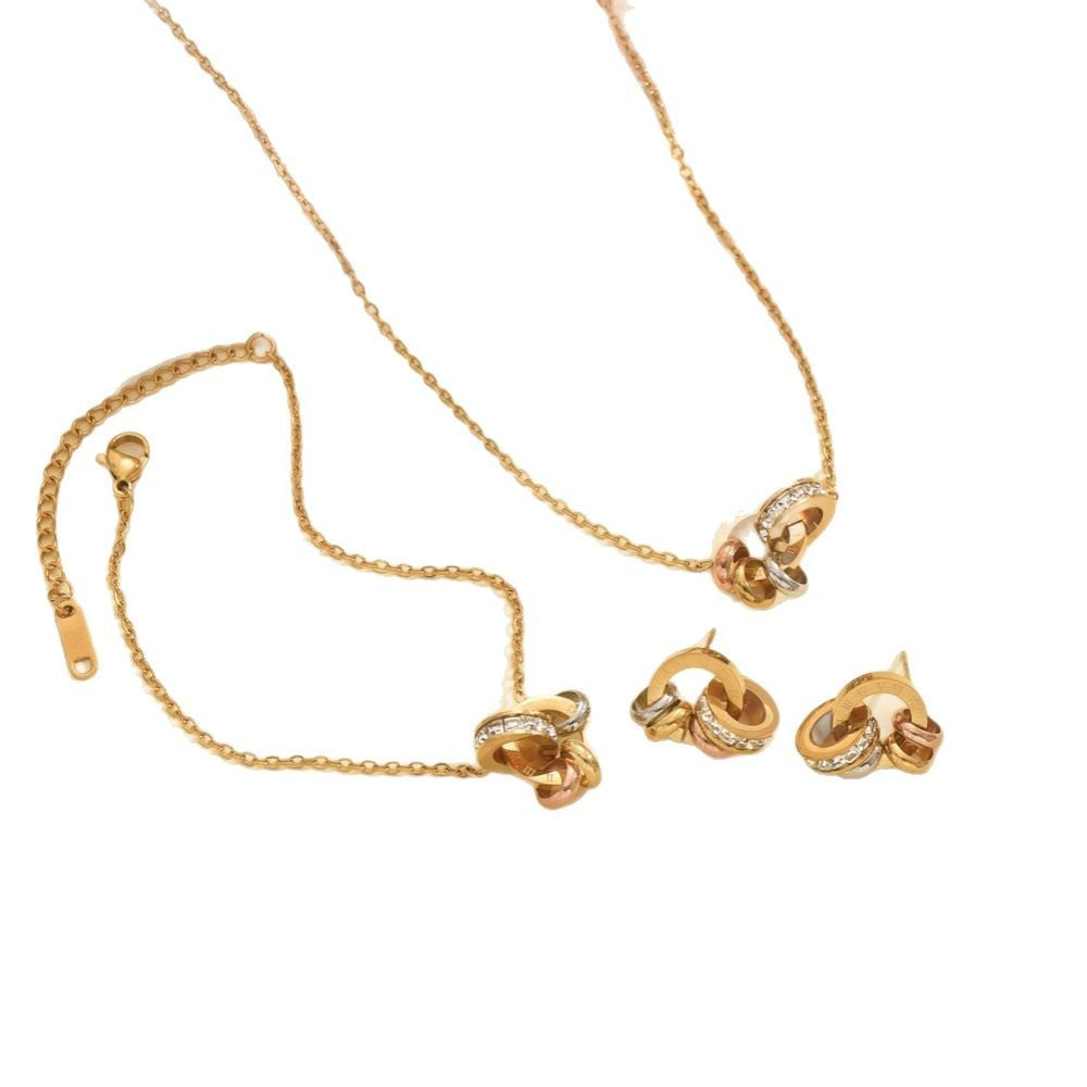 Wholesale Stainless steel gold double ring linked artificial zircon necklace  bracelet  and earrings