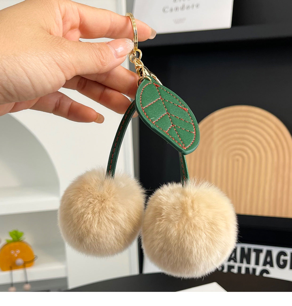 Wholesale Faux fur single leaf cherry plush pendant keychain