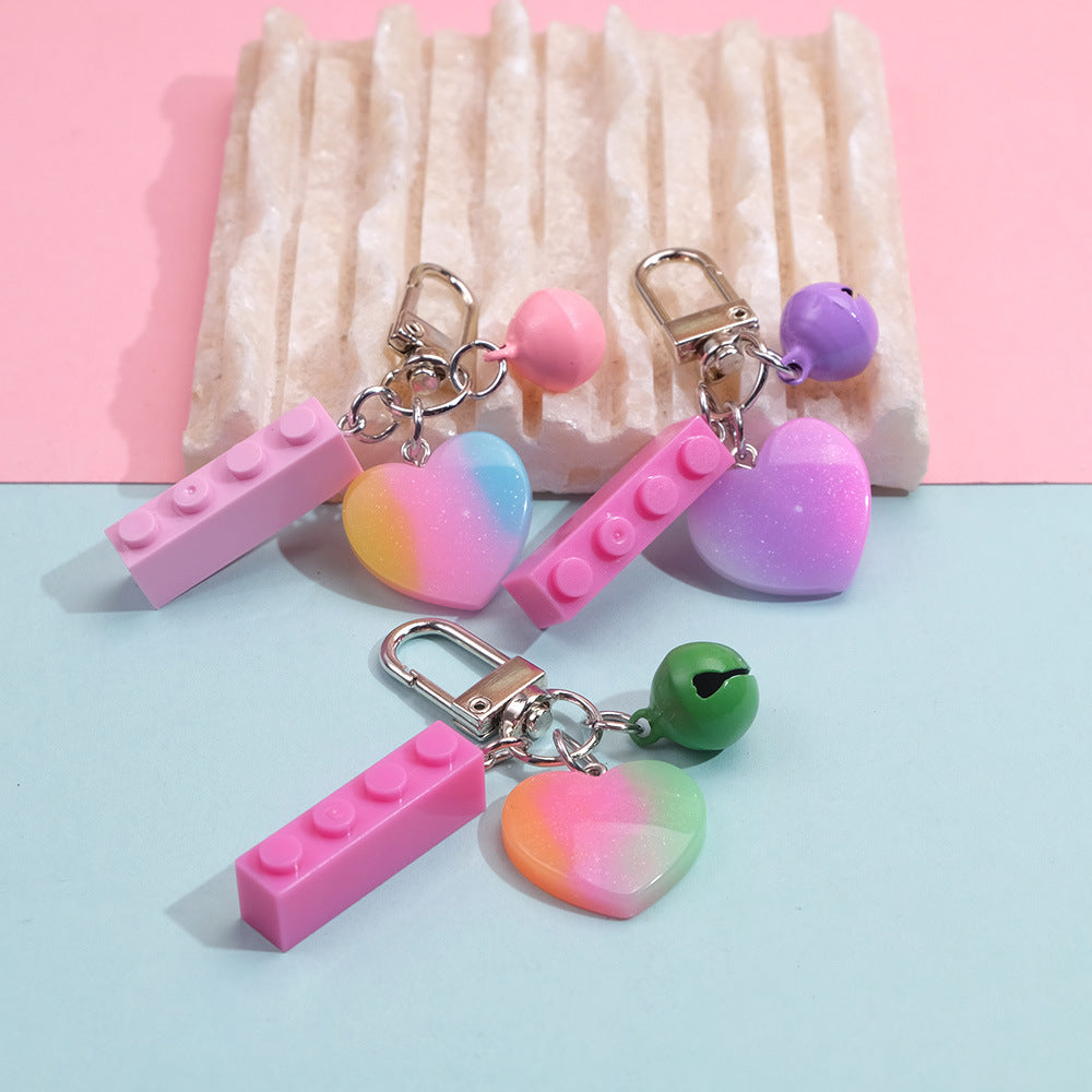 Wholesale 10PCS Resin Building Blocks Candy Color Tricolor Heart Bell Pendant Keychain