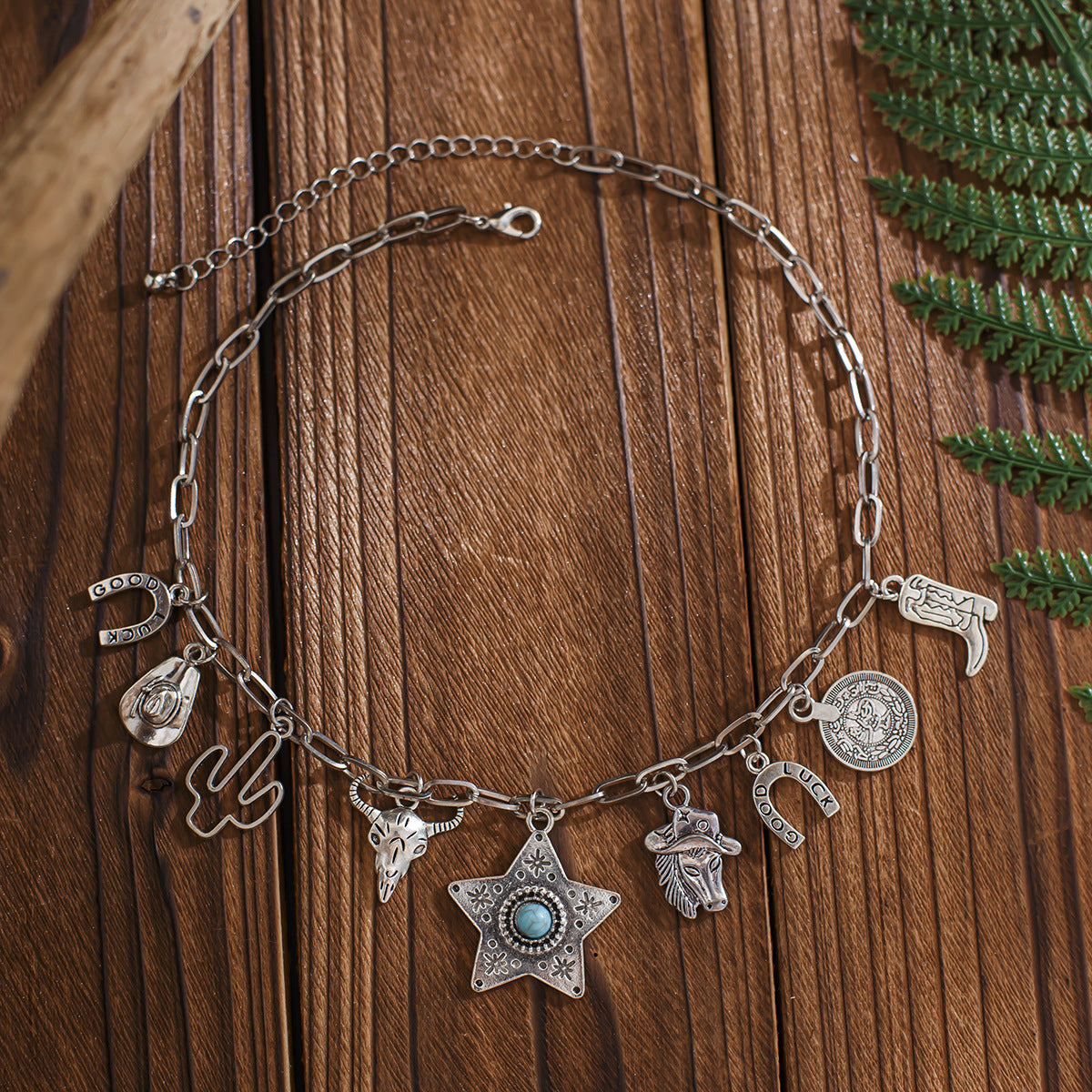 Wholesale Stacked Bull Head Western Style Short Clavicle Chain Maillard Retro Ethnic Imitation Turquoise Necklace