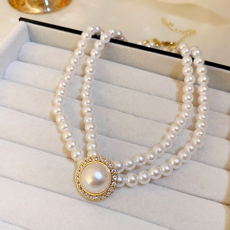 Wholesale French Vintage Pearl Flower Love Necklace Clavicle Chain