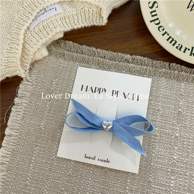 Wholesale Silver Love Blue Denim Bow Hair Clip