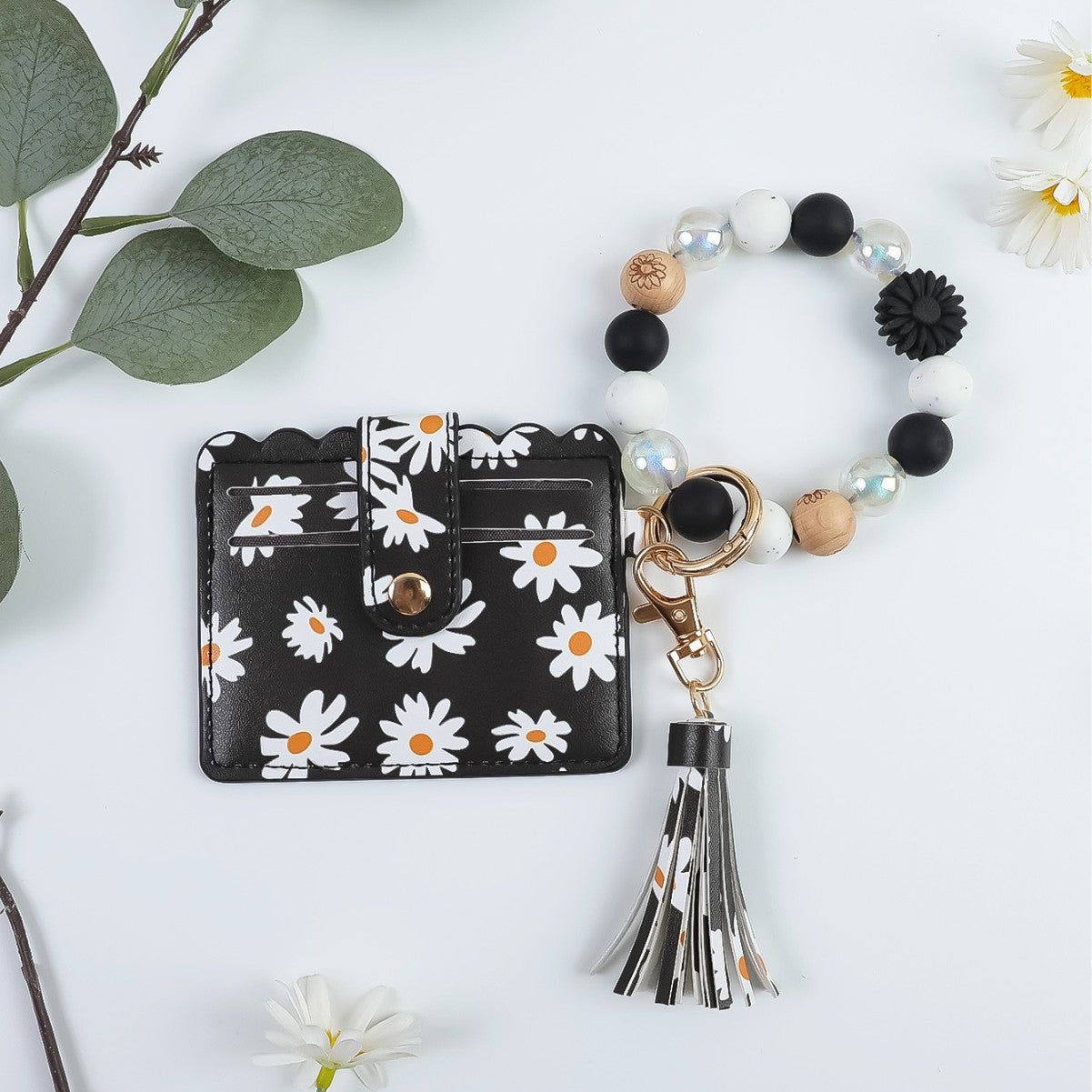 Wholesale Cute  Print Beaded Bracelet Keychain PU Leather Tassel Card Holder Pendant