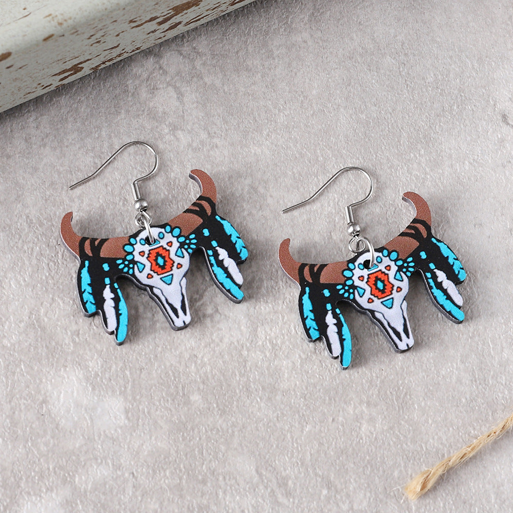 Wholesale Western ethnic style bull head wooden double-sided earrings